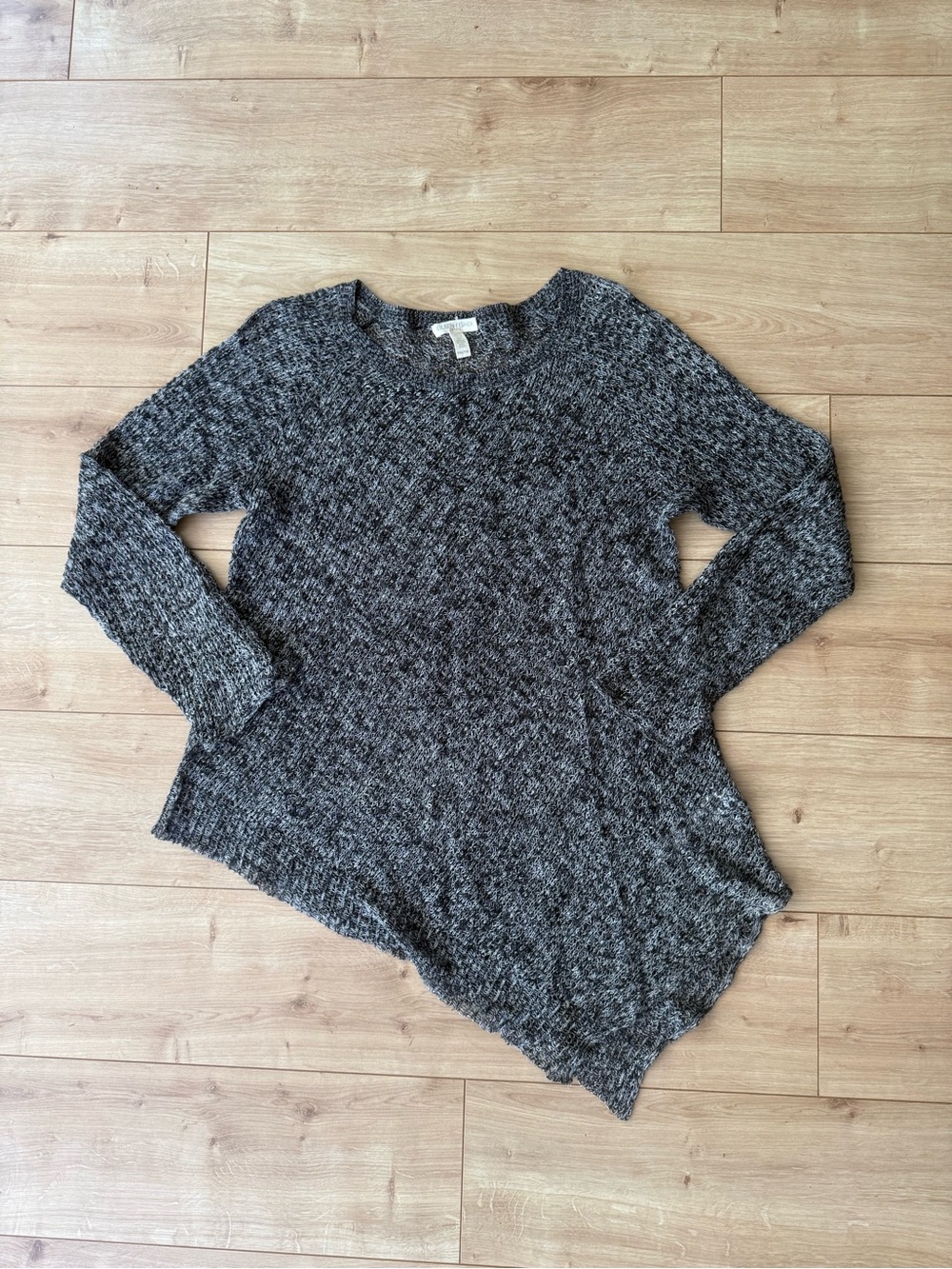 Eileen Fisher Grey Black Marled 100% Linen Open Knit A Line Sweater M